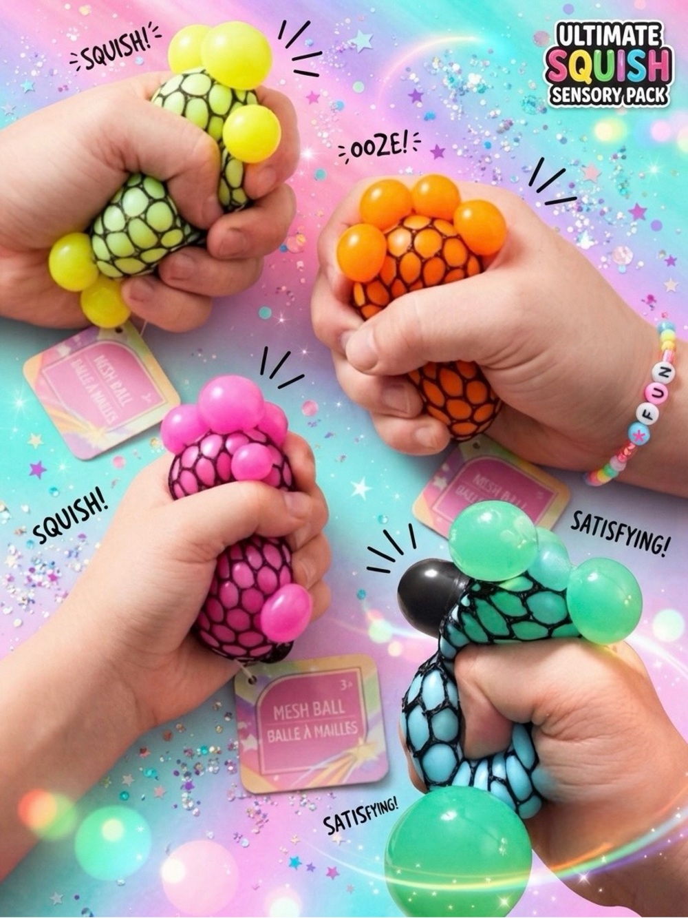 Set of 4 Sensory Mesh Squish Balls | Fun Fidget Toys for Stress Relief | NeeDoh